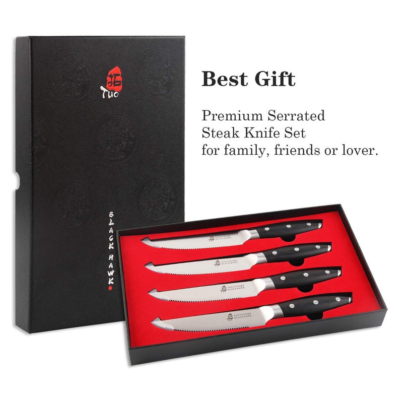 TUO Serrated Steak Knife - 5 inch Professional Kitchen Steak Knife Set 4 - Table Dinner Knife - German HC Stainless Steel Non Slip Pakkawood Handle - BLACK HAWK SERIES Including Gift Box - Image 2